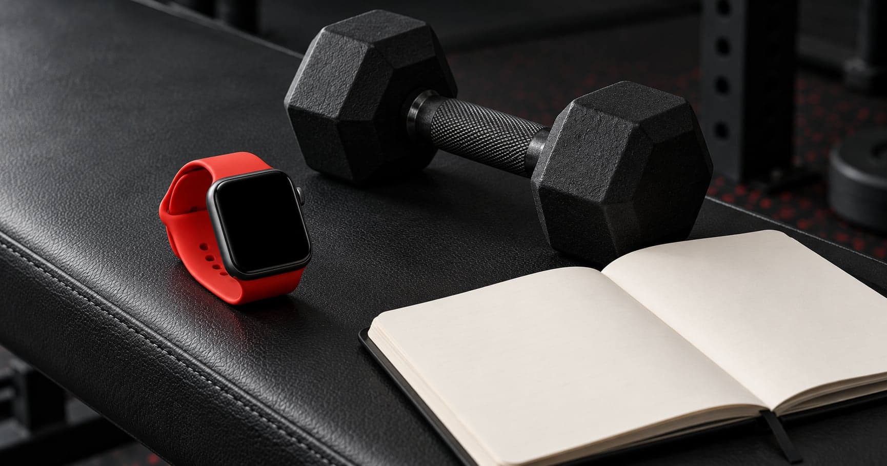 A dark smartwatch with a red band beside a black dumbbell and an open blank notebook on a gym bench.