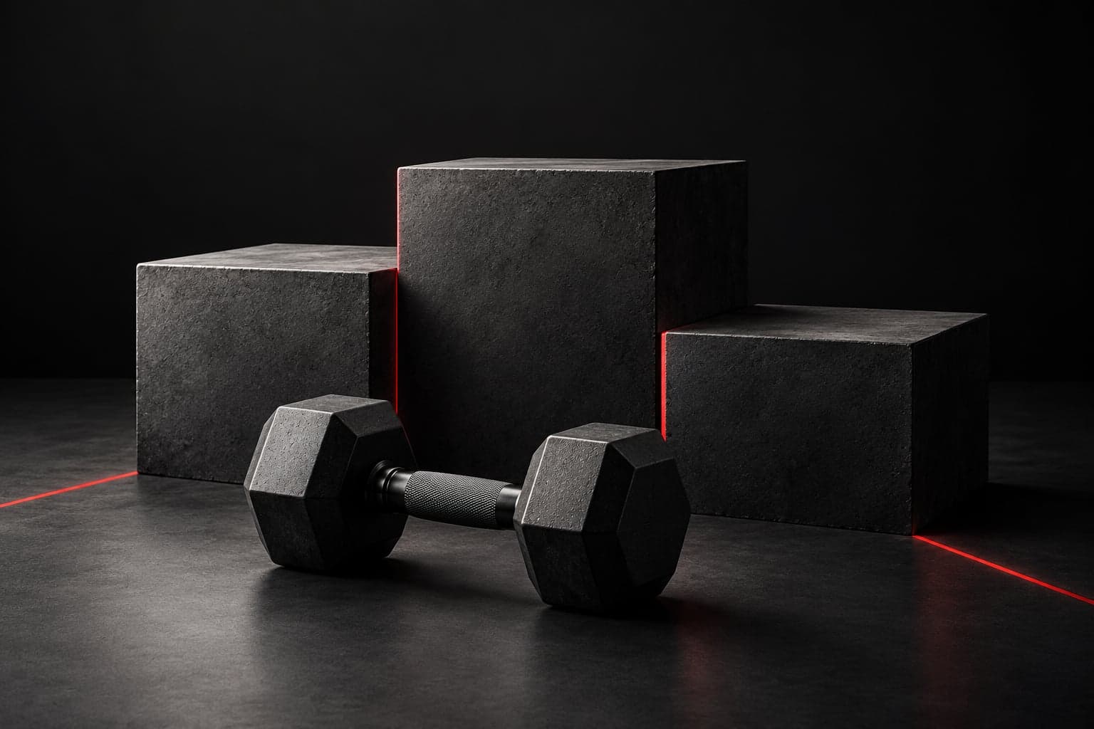 Black dumbbell in front of three charcoal training blocks with red accents.