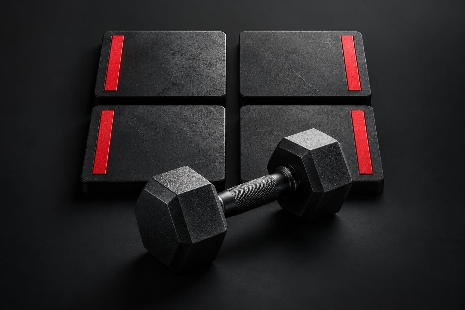 Four charcoal tiles with red accents behind a black dumbbell.
