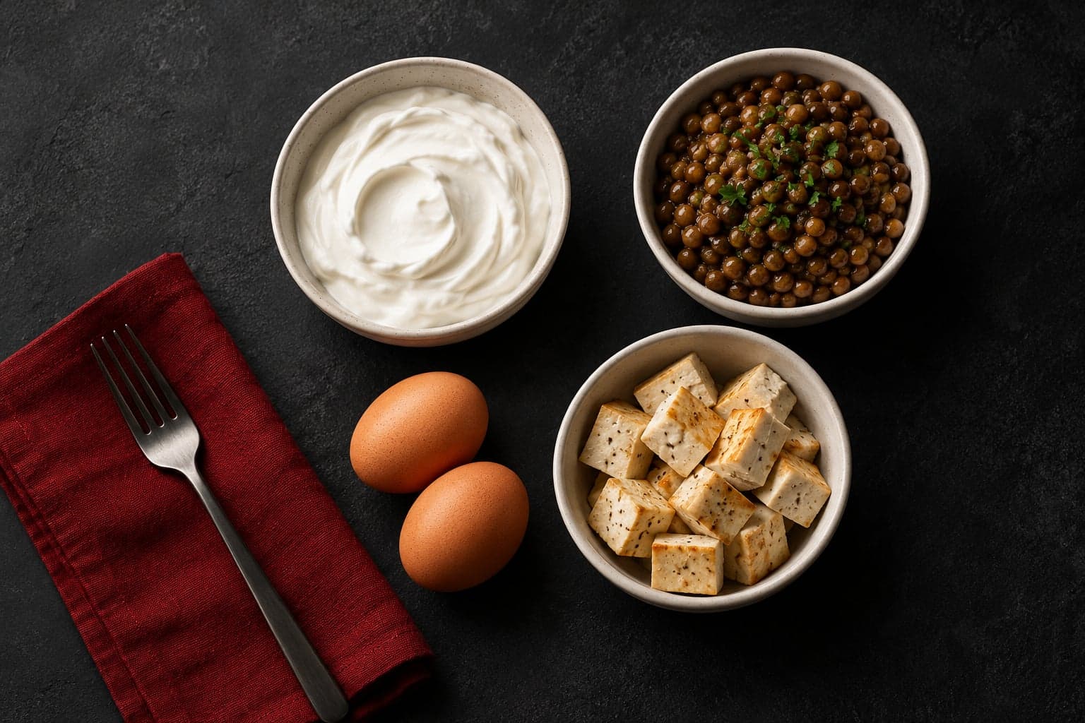 Bowls of yogurt, lentils and tofu beside eggs and a dark red napkin.
