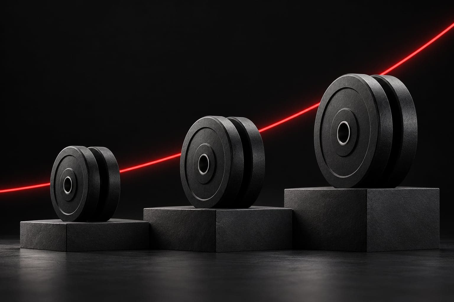 Three pairs of increasingly large weight plates on stepped podiums with a rising red line.