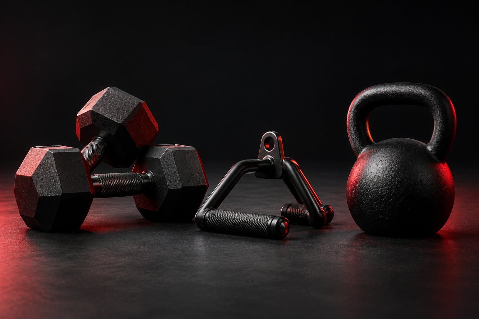 Dumbbells, a cable row handle and a kettlebell on a dark surface with red lighting.