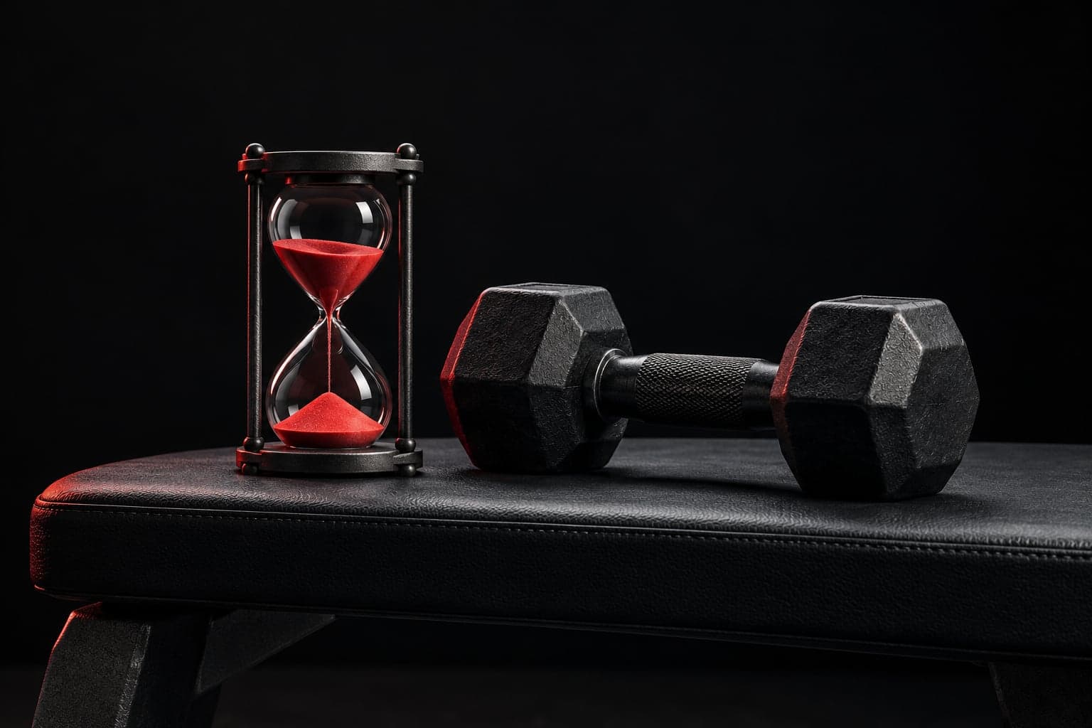 A charcoal hourglass with red sand beside a black dumbbell on a dark exercise bench.