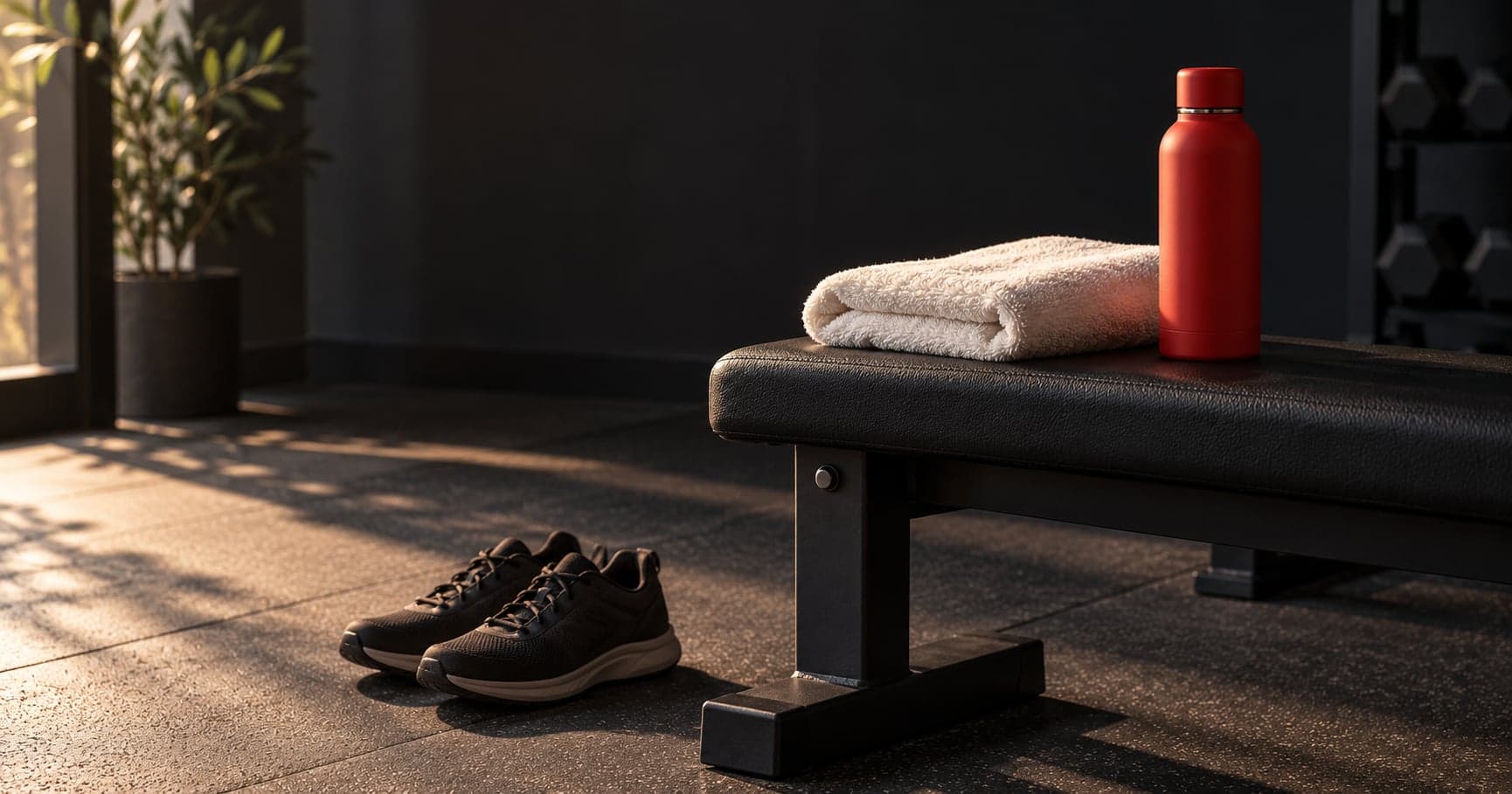 A folded cream towel and red water bottle on a charcoal bench, with dark walking shoes nearby.