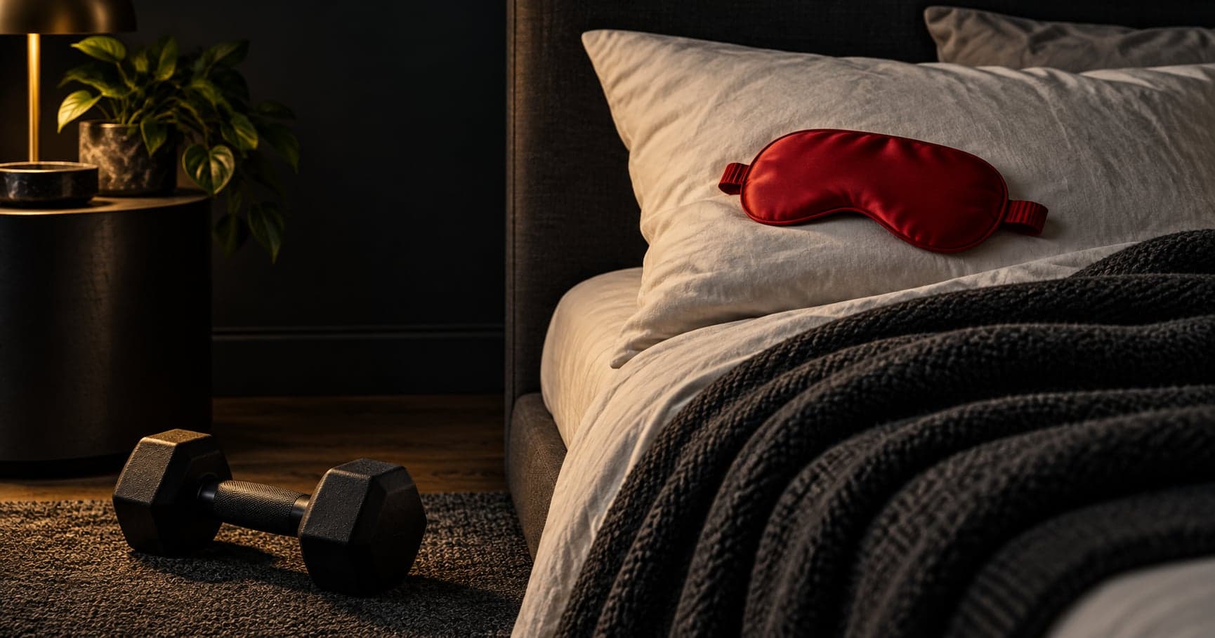 A red sleep mask on a cream pillow beside a dark blanket, with a black dumbbell near the bed.