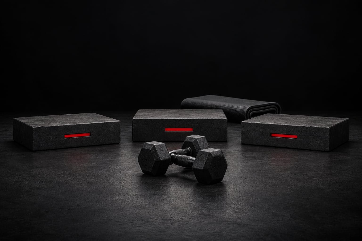 Two black dumbbells in front of three charcoal platforms with red accents and a folded exercise mat.