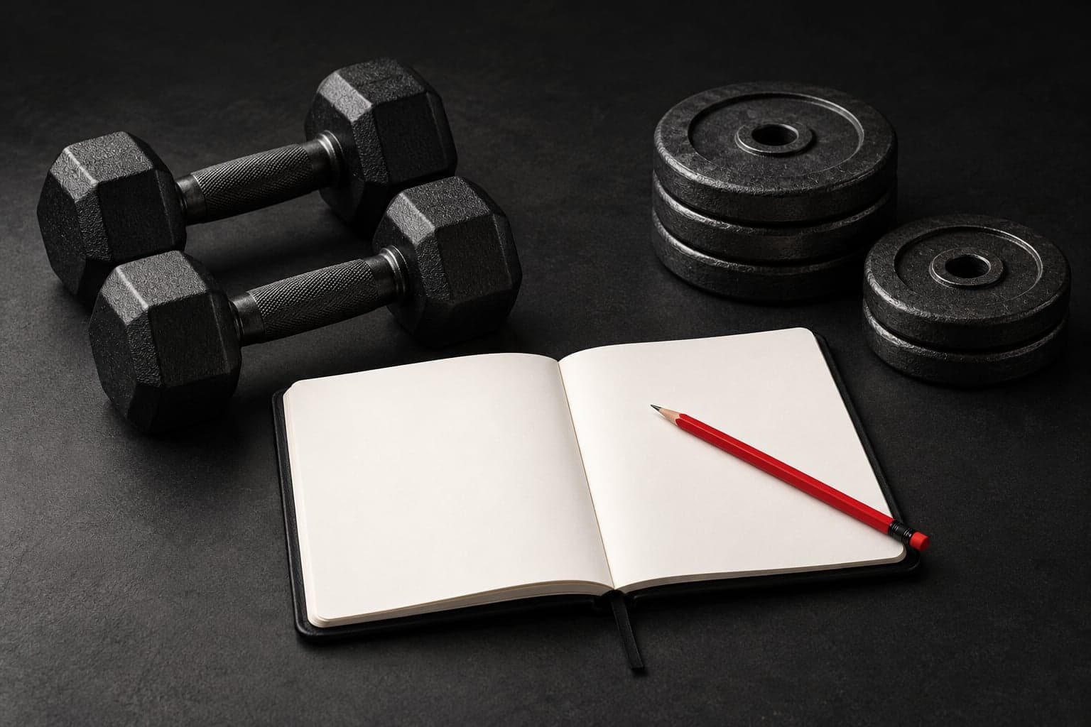 An open blank training notebook and red pencil beside black dumbbells and stacked weight plates.