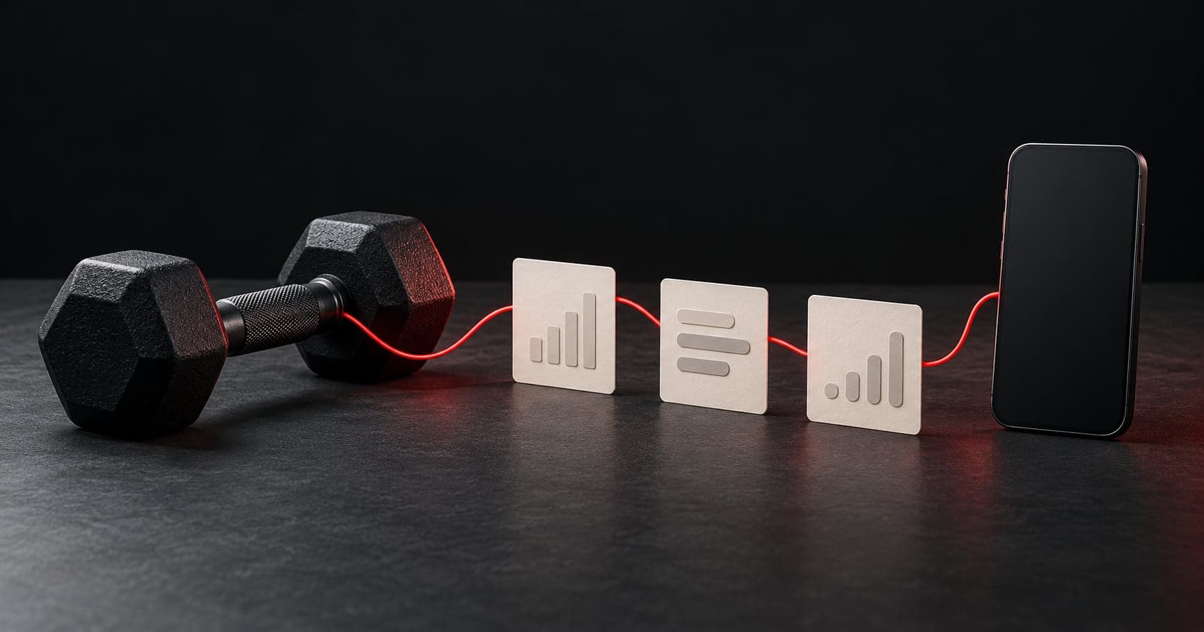 A black dumbbell, three cream data cards, and a blank-screen phone connected by a red line on a charcoal surface.